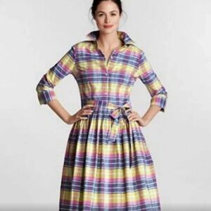 Lands End plaid shirtwaist pastel pink yellow blue tartan dress matching sash 2P